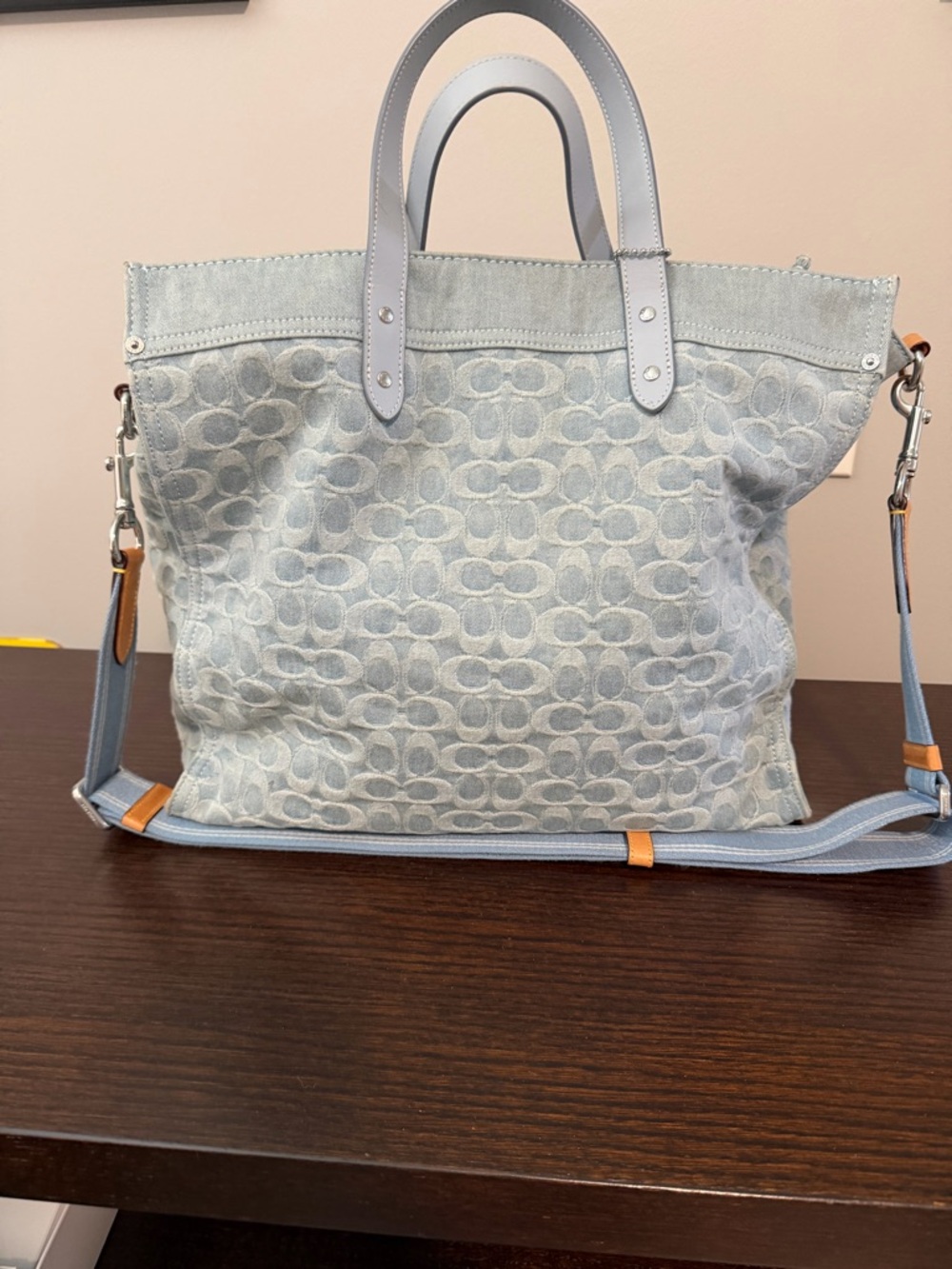 Coach Light Blue Signature Denim Tote with Detachable Strap